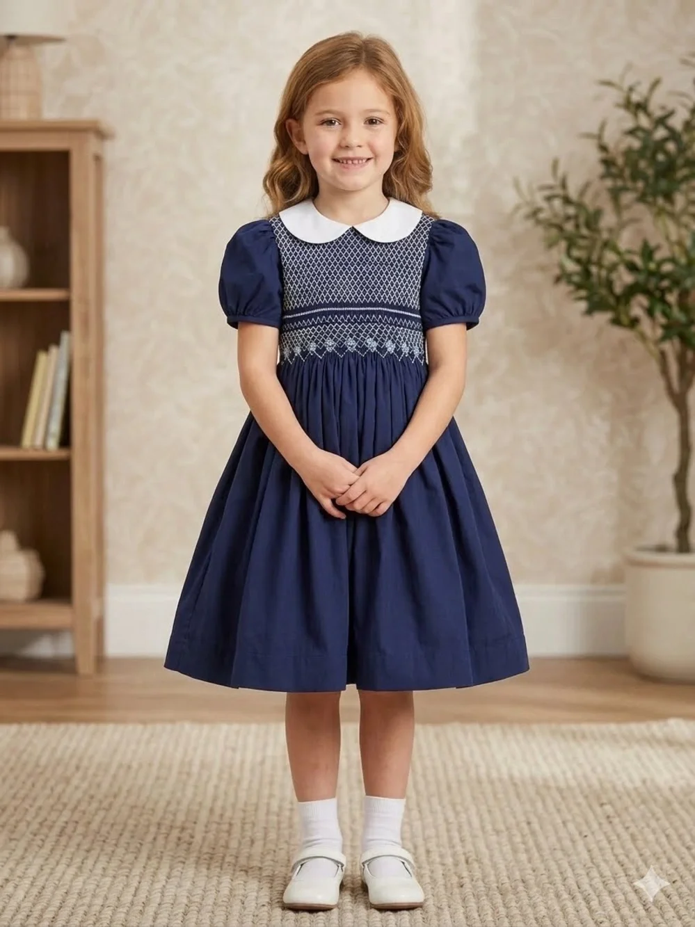 Classic Navy Smocked Peter Pan Dress for Girls size 6